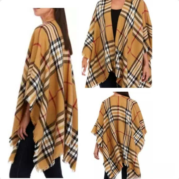 V Fraas Classic Plaid Ruana Camel Cover up Pancho - 60" L x 48" W - Picture 1 of 16